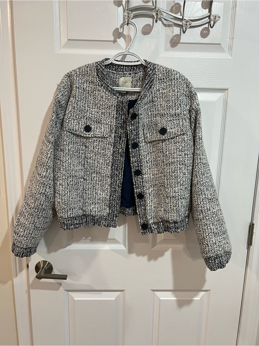 Joie Navy & White Textured Tweed Cropped Jacket Size M